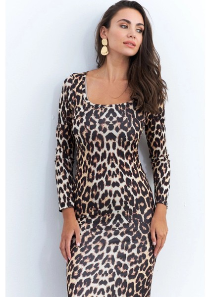 Kadın Camel-Siyah Leopar Midi Elbise RLO78
