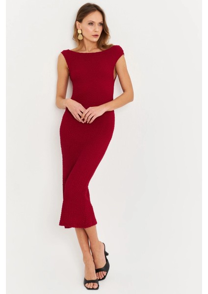 Kadın Bordo Asimetrik Yaka Gofre Midi Elbise MOD2358