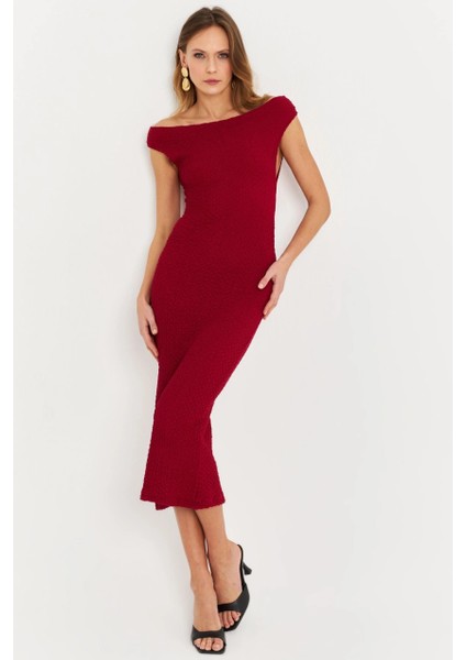 Kadın Bordo Asimetrik Yaka Gofre Midi Elbise MOD2358