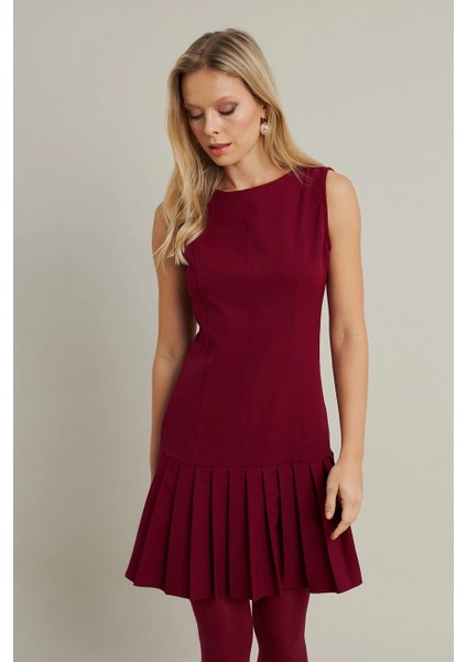 Kadın Bordo Etegi Pileli Mini Elbise FRY2265 modelleri
