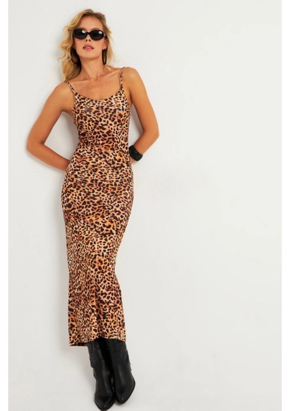Kadın Camel-Siyah Leopar Askılı Maxi Yılbaşı Elbise GÇ184