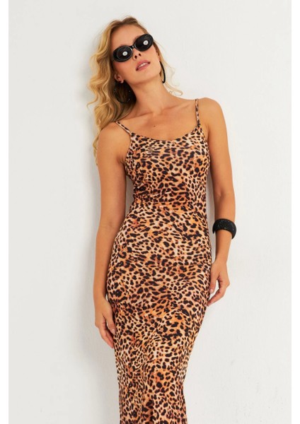 Kadın Camel-Siyah Leopar Askılı Maxi Yılbaşı Elbise GÇ184