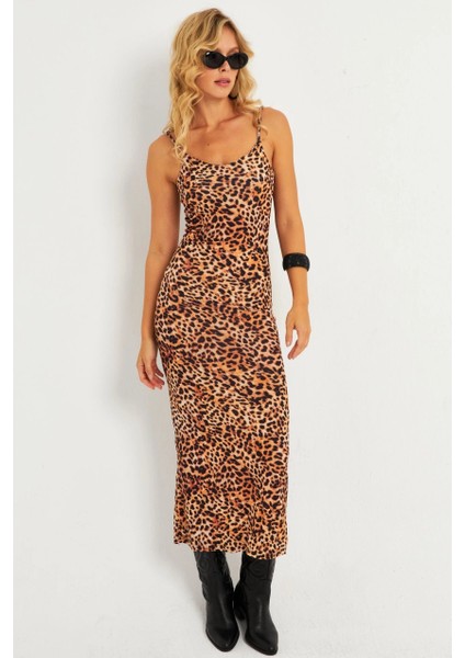 Kadın Camel-Siyah Leopar Askılı Maxi Yılbaşı Elbise GÇ184