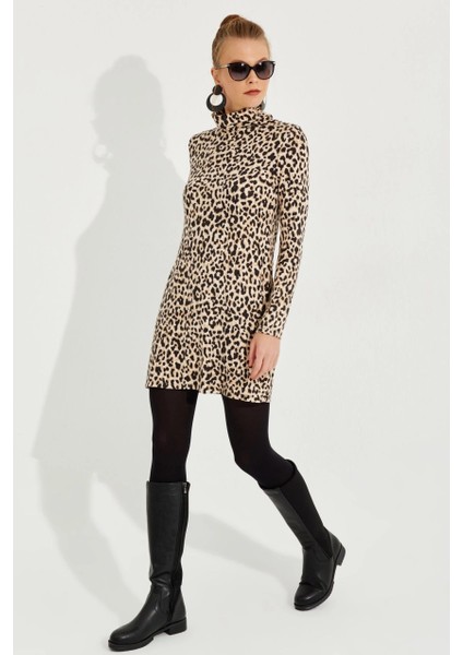 Kadın Camel-Siyah Yumoş Leopar Mini Elbise AYD253