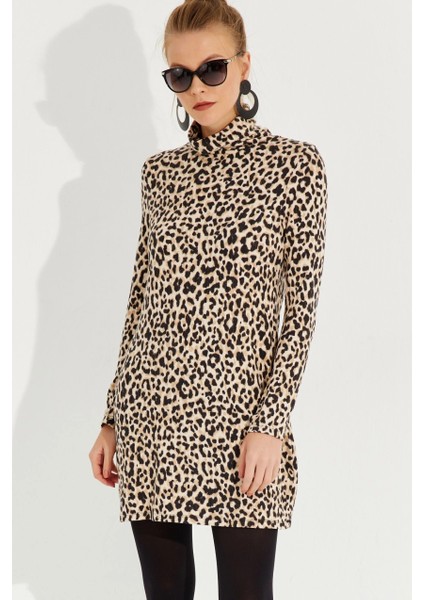 Kadın Camel-Siyah Yumoş Leopar Mini Elbise AYD253 fiyatları