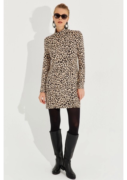 Kadın Camel-Siyah Yumoş Leopar Mini Elbise AYD253 modelleri