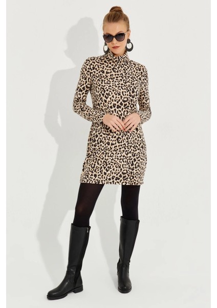 Kadın Camel-Siyah Yumoş Leopar Mini Elbise AYD253 fırsatları