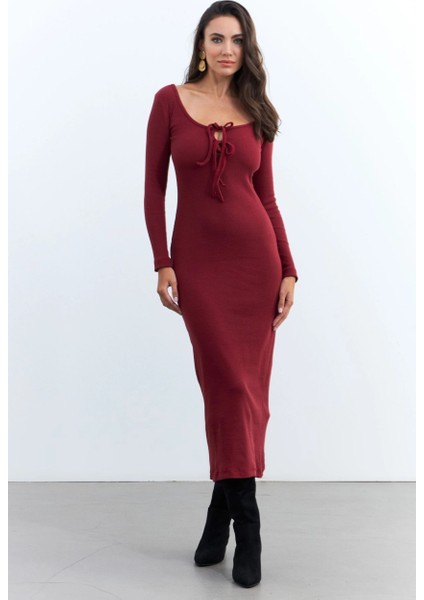 Kadın Bordo Kaşkorse Maxi Elbise EY1513