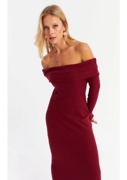 Kadın Bordo Madonna Yaka Kaşkorse Maxi Elbise Hol1