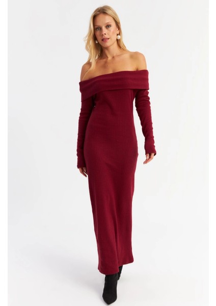 Kadın Bordo Madonna Yaka Kaşkorse Maxi Elbise Hol1 modelleri