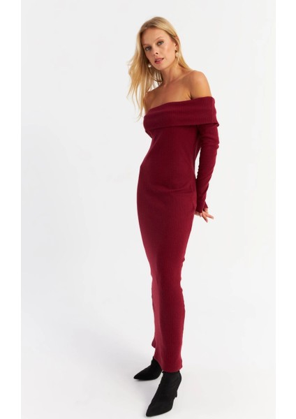 Kadın Bordo Madonna Yaka Kaşkorse Maxi Elbise Hol1 fırsatları