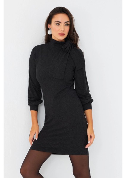 Kadın Antrasit Boyundan Bağlamalı Midi Elbise EY2971 fiyatları
