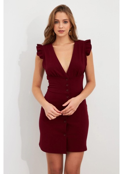Kadın Bordo Düğme Detaylı Mini Elbise DAF5033