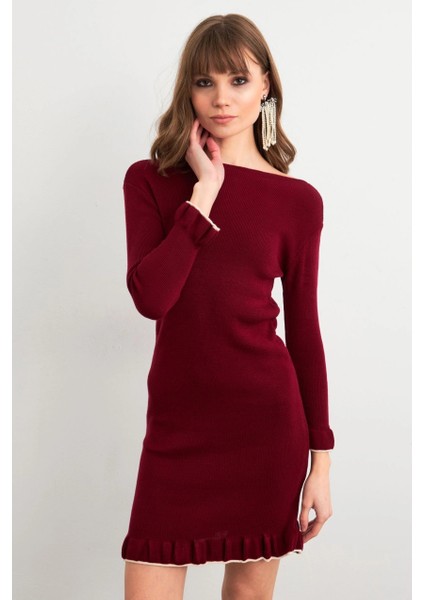 Kadın Bordo Fırfırlı Basic Triko Midi Elbise SF2559