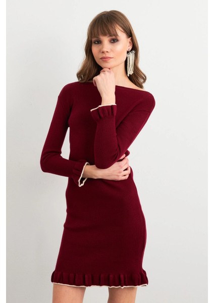 Kadın Bordo Fırfırlı Basic Triko Midi Elbise SF2559