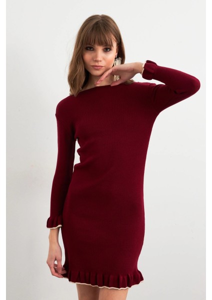 Kadın Bordo Fırfırlı Basic Triko Midi Elbise SF2559