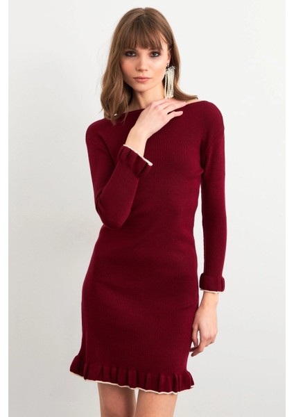Kadın Bordo Fırfırlı Basic Triko Midi Elbise SF2559