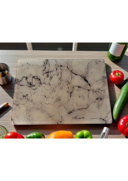 Temperli Cam Sebze Meyve Doğrama Kesme Tahtası, Kenarları Oval, Antibakteriyal Mermer Desenli 25X35CM ve 20X30CM