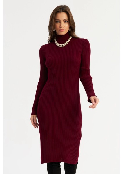 Kadın Bordo Triko Midi Elbise YV303