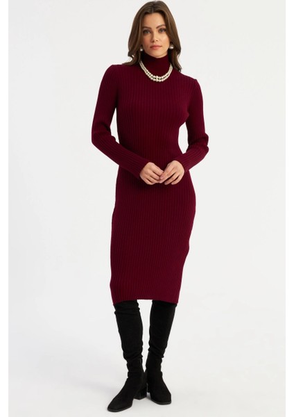 Kadın Bordo Triko Midi Elbise YV303