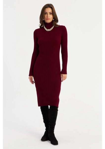 Kadın Bordo Triko Midi Elbise YV303