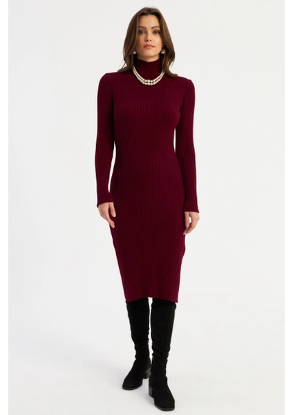 Kadın Bordo Triko Midi Elbise YV303