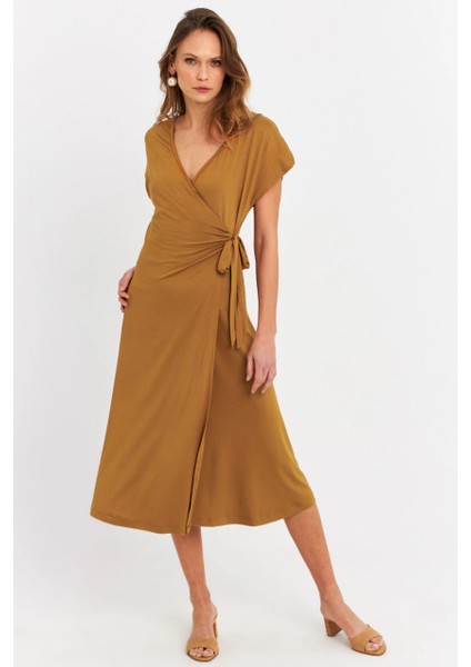 Kadın Camel Kruvaze Midi Elbise EY3044