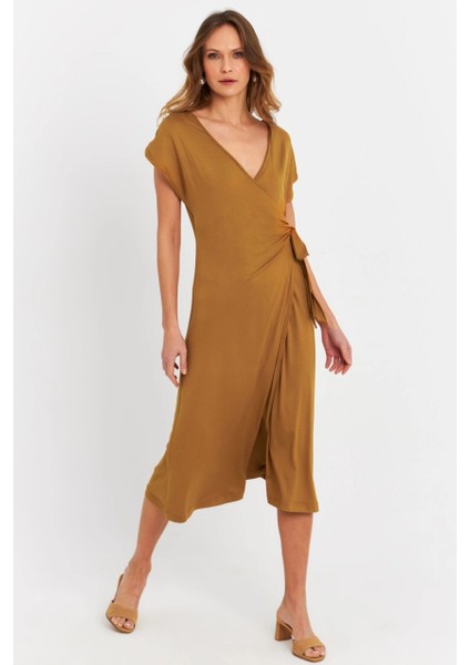 Kadın Camel Kruvaze Midi Elbise EY3044 modelleri