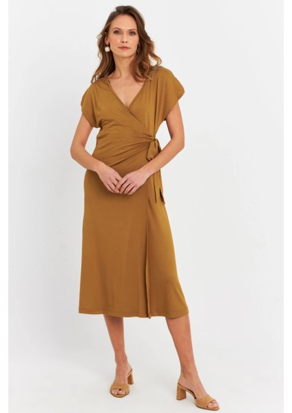 Kadın Camel Kruvaze Midi Elbise EY3044 fırsatları