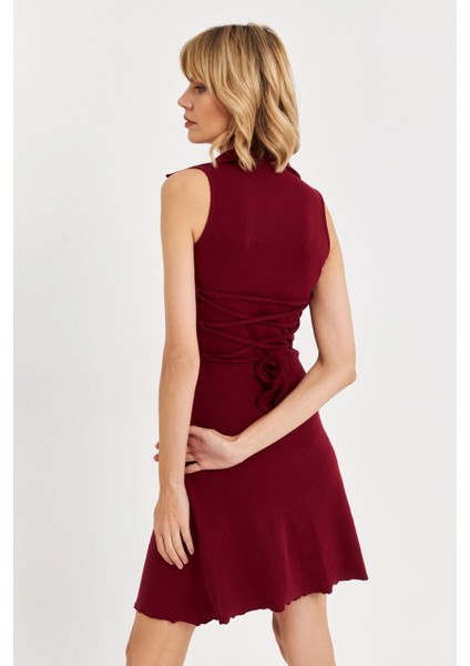 Kadın Bordo Bağlama Detaylı Kaşkorse Mini Elbise FRY2271