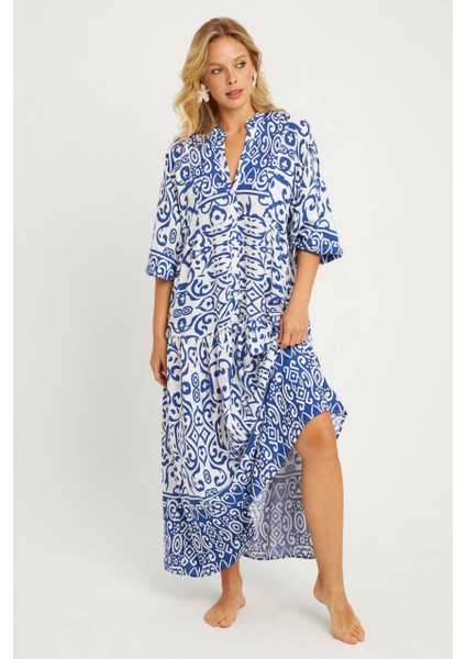 Kadın Ekru-Mavi Desenli Midi Elbise MGÇ169