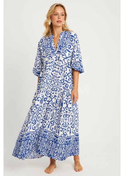 Kadın Ekru-Mavi Desenli Midi Elbise MGÇ169 fiyatları