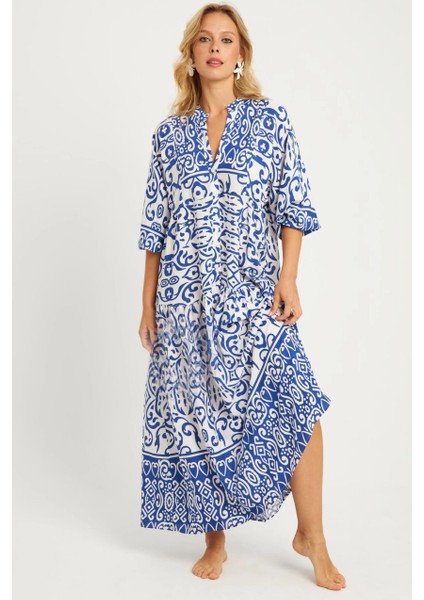 Kadın Ekru-Mavi Desenli Midi Elbise MGÇ169 modelleri