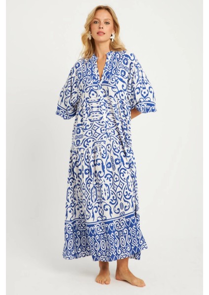 Kadın Ekru-Mavi Desenli Midi Elbise MGÇ169 fırsatları