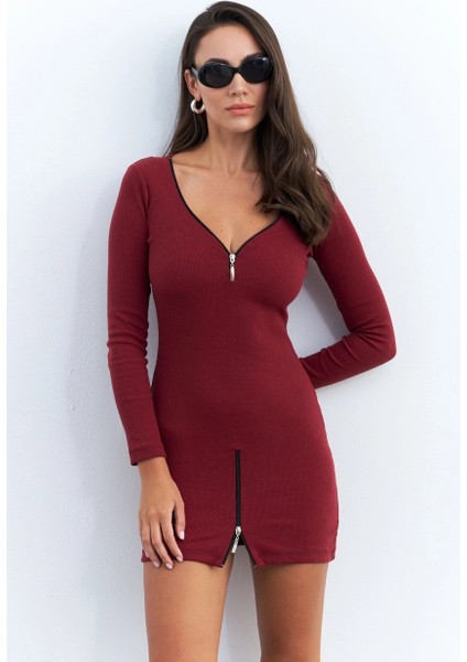 Kadın Bordo Fermuarlı Kaşkorse Mini Elbise EY2530