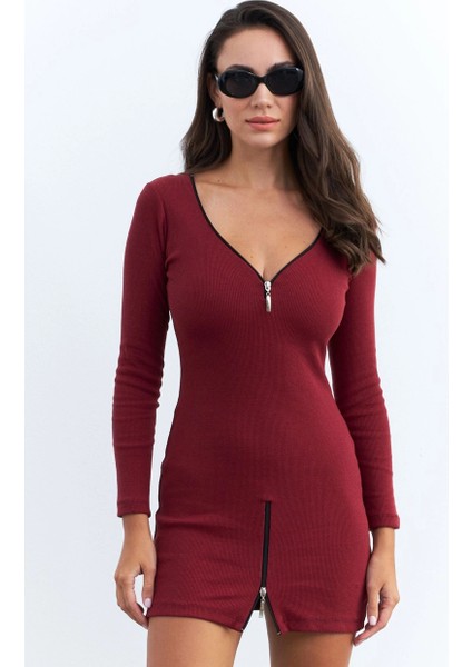 Kadın Bordo Fermuarlı Kaşkorse Mini Elbise EY2530 fiyatları