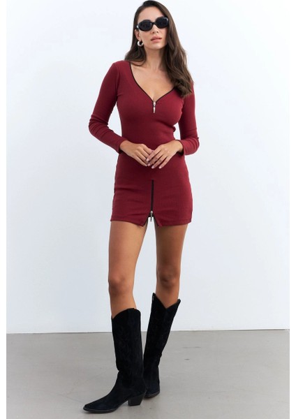 Kadın Bordo Fermuarlı Kaşkorse Mini Elbise EY2530 modelleri