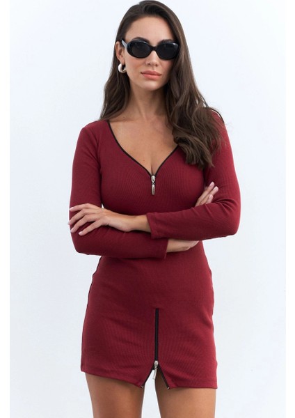 Kadın Bordo Fermuarlı Kaşkorse Mini Elbise EY2530 fırsatları