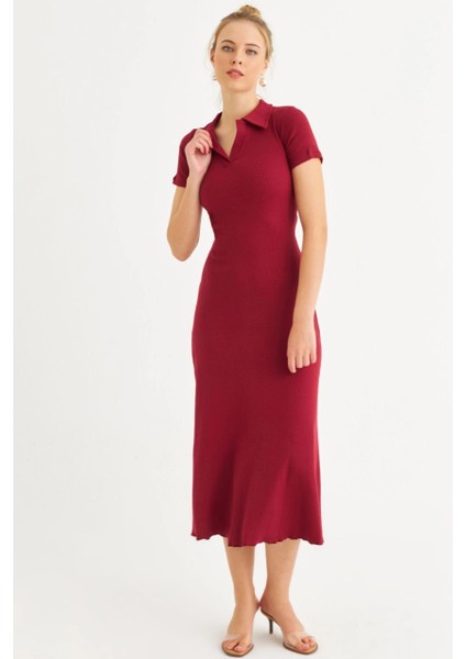 Kadın Bordo Sırt Bağlamalı Kaşkorse Midi Elbise MFRY0001 modelleri