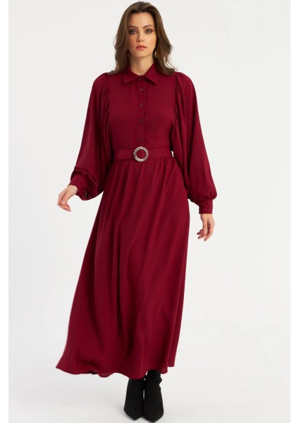 Kadın Bordo Kemerli Maxi Elbise MASF15