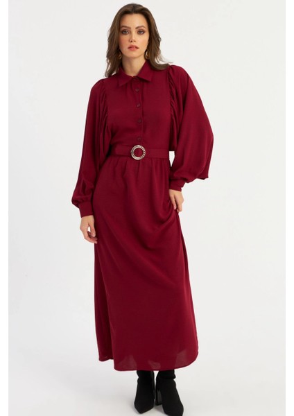 Kadın Bordo Kemerli Maxi Elbise MASF15