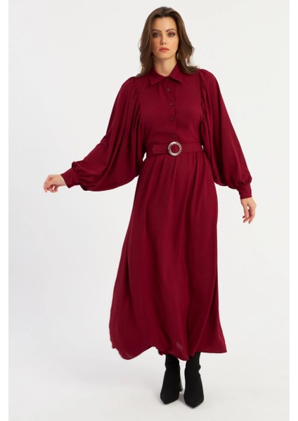 Kadın Bordo Kemerli Maxi Elbise MASF15