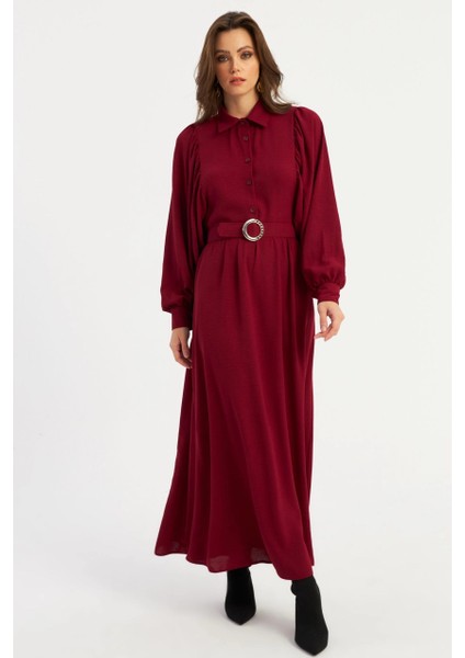 Kadın Bordo Kemerli Maxi Elbise MASF15