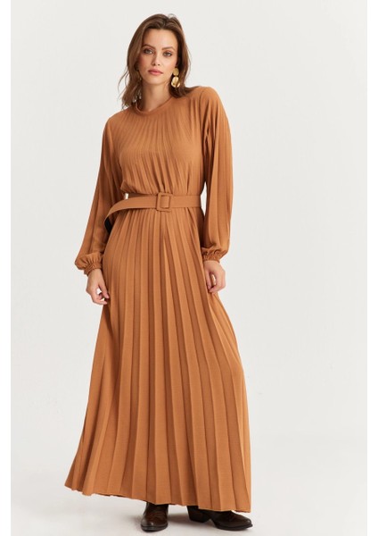 Kadın Camel Kemerli Plili Maxi Elbise ALZ500