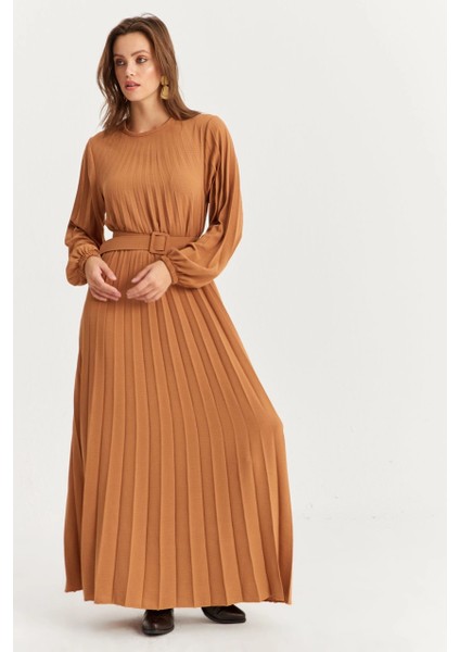Kadın Camel Kemerli Plili Maxi Elbise ALZ500