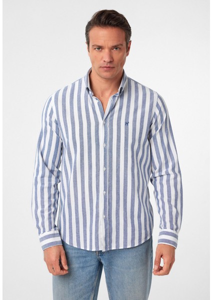 Jorge Erkek Regular Fit Çizgili Keten Görünümlü Gömlek