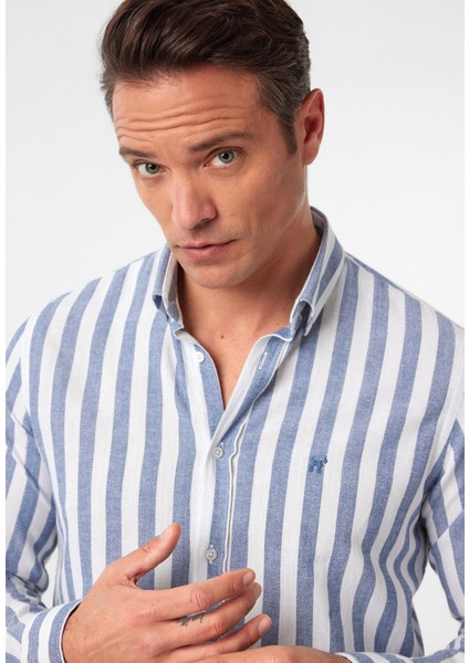 Jorge Erkek Regular Fit Çizgili Keten Görünümlü Gömlek fırsatları