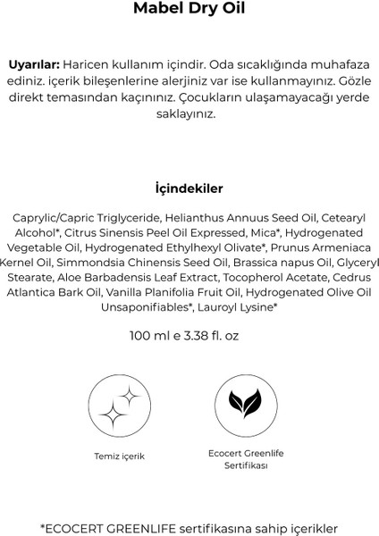 Dry Oil Mabel– 99% Doğal İçerikli Işıltılı Bakım Yağı – 100 ml