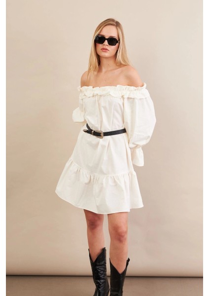 Kadın Ekru Madonna Yaka Midi Elbise PSG1012