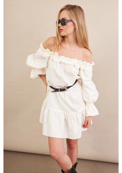 Kadın Ekru Madonna Yaka Midi Elbise PSG1012 fiyatları